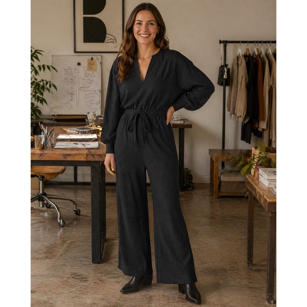 NEW Halara Black Rib Knit Jumpsuit Balloon Sleeve Tie Waist Wide Leg Office Core